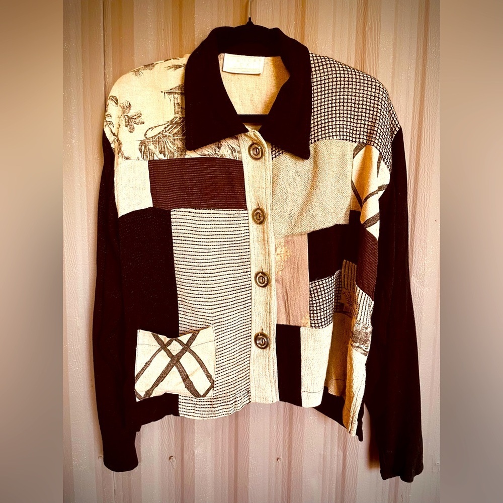 Rare VTG 90s Spencer Alexis Neutral Patchwork Top all natural material sz 14 L